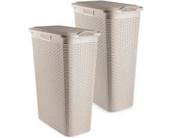 Plasticforte Smalle Wasmand met deksel Rotan - 2x - beige - gevlochten kunststof - 48 liter - 27 x 46 x 60 cm — afbeelding 1