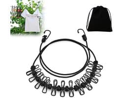 Portable Clothesline - Elastic Adjustable Clothesline - Extendable 180-360 cm - Clothesline met 12 Wire Clips voor Reizen - Vakantie - Buitenshuis - Kamperen - Studentenhuis
