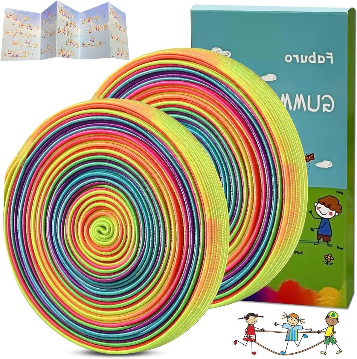 JGS Premium - Gummitwist 4 meter lang voor kinderen | Springspellen met handleiding | Binnen en buiten tuinspel | Regenboogband | Cadeau — afbeelding 1