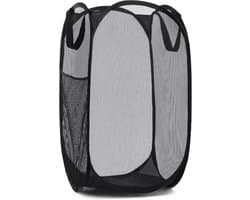 Wasmand - Opvouwbare waszak van mesh - Opvouwbare wasmand - Met handvat en zijvakken - Opvouwbare speelgoedorganizer, Perfect voor kinderkamers, studentenhuizen, reizen - Zwart