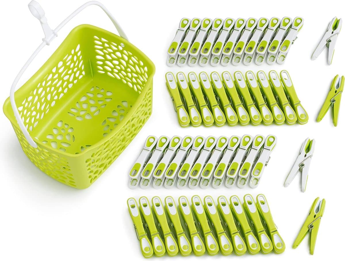 Wasknijpers Ecoline met mand (48 stuks met mand, groen-wit/wit-groen, mand groen, handvat wit) — afbeelding 1