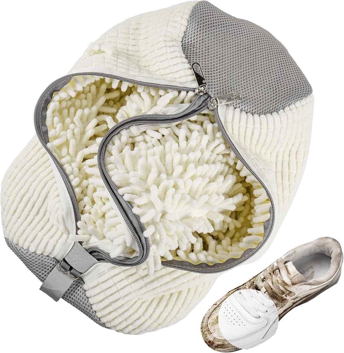 2-in-1 Waszak voor Schoenen, Herbruikbare Waszak voor de Wasmachine, Schoenentas met Rits en 360° Reiniging voor Schoenen, Wit — afbeelding 1