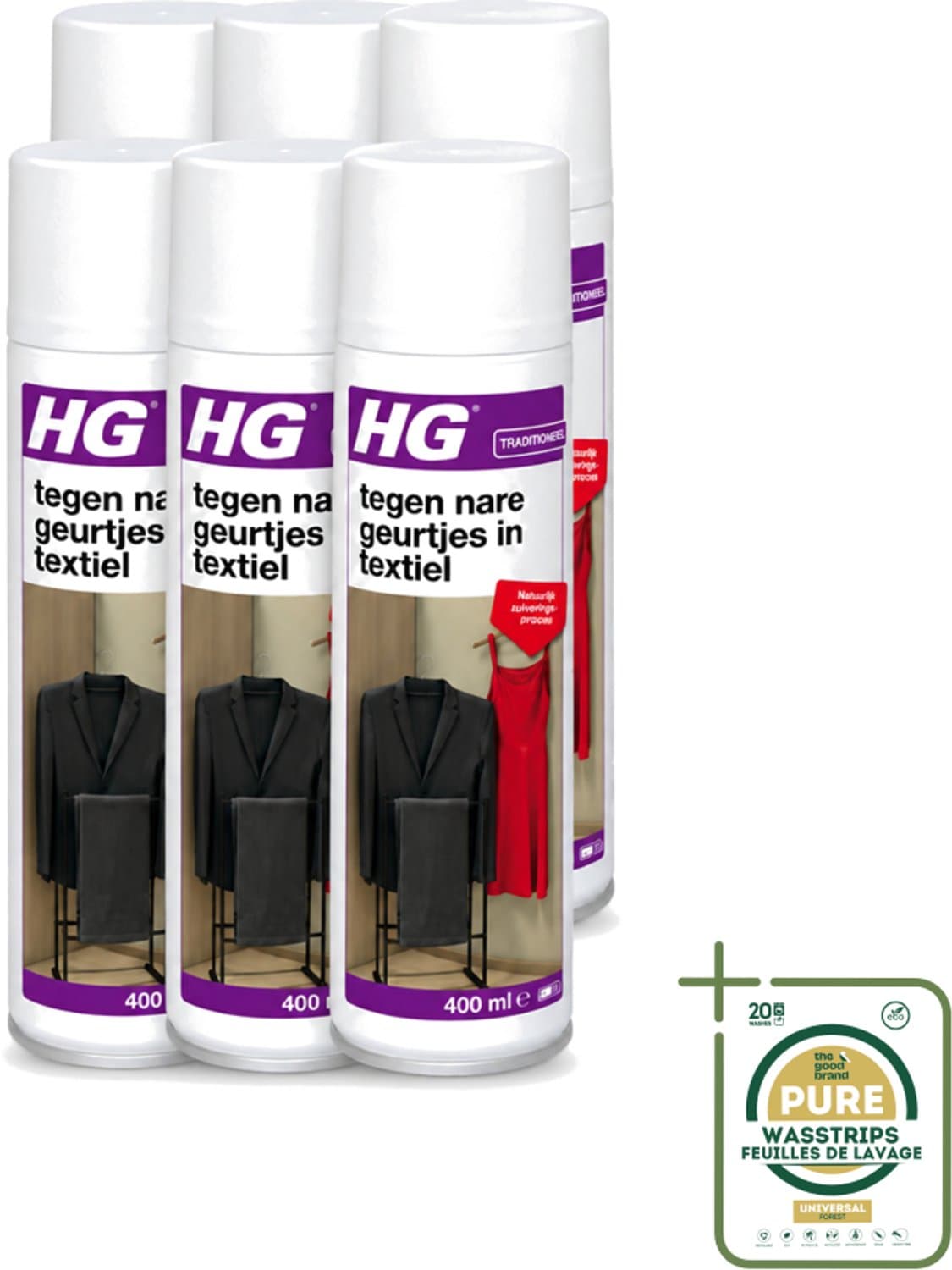 6 x HG - Tegen Nare Geurtjes In Textiel - Natuurlijk Zuiveringsproces - Veilig Voor Alle Textiel - 400 ml - Wasstrips - Geurverwijdering Textiel - Stankmoleculen Oplossen - Textiel Reinigen - Geur In Kleding - Geur In Gordijnen — afbeelding 1