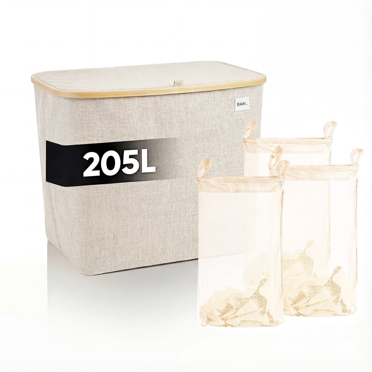 DARI. - Wasmand 3 vakken - Wassorteerder - 205L XXL - met 3 uitneembare zakken - wasmand - beige - knopen — afbeelding 1