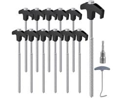 Grondankers - Speed 12PCS staaltentpalen met boor & spijker trekker, 20 cm campingvastzettingen, Tenthaakken voor harde oppervlakte, gras - Zwart + Zilver
