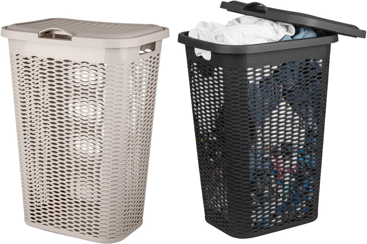 Wasmand Ventilation - met deksel - 2x stuks - zwart en beige - 50 liter - 61 x 43 cm — afbeelding 1