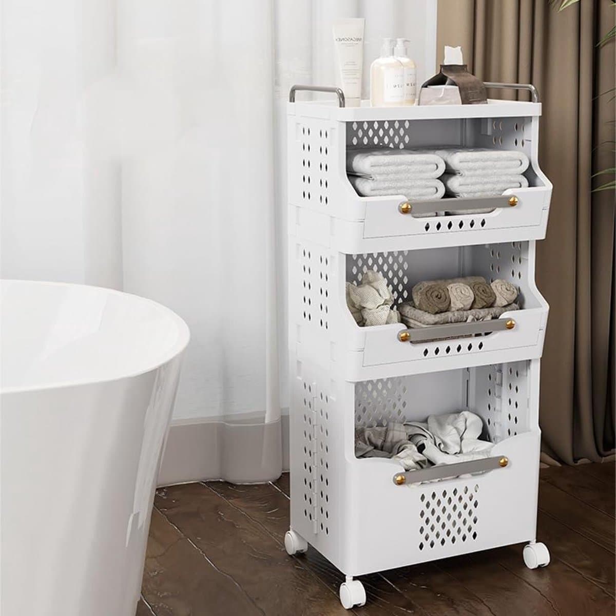Inklapbare stapelbare wasmand met wielen - rollende waswagen karren - plastic wasmand met handgrepen - vuile kledingmand houder - opvouwbare wasbak - 3 lagen — afbeelding 1