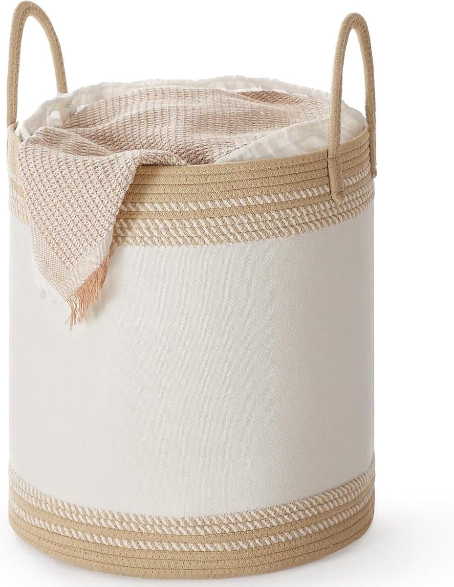 Wasmand 60 L Opbergbak met Deksel Katoenen Touw Handvat Trekkoord voor Kleding Dekens Woonkamer Slaapkamer 41 x 41 x 46 cm Kameelbruin RLH060K01 — afbeelding 1