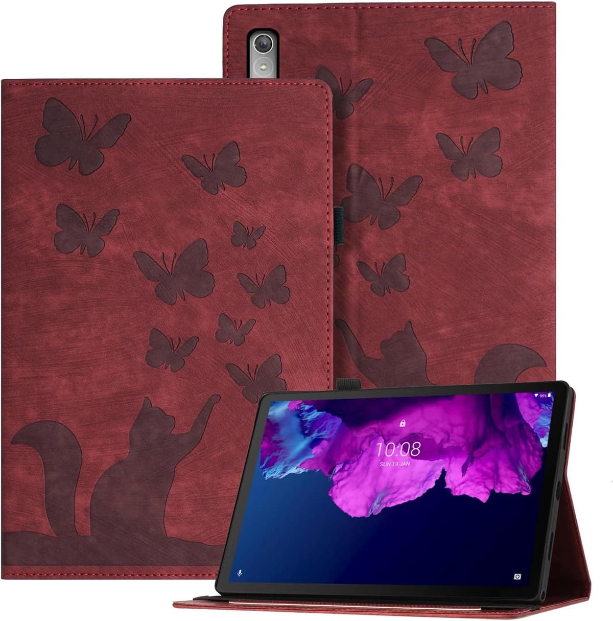 Ausblin Reliëf Lenovo Tab P11 Gen 2 Hoes, Vlinder en Kat Thema Retro PU Lederen Tablet Hoes voor Lenovo Tab P11 Gen 2 Case (2023) 11.5", Rood — afbeelding 1