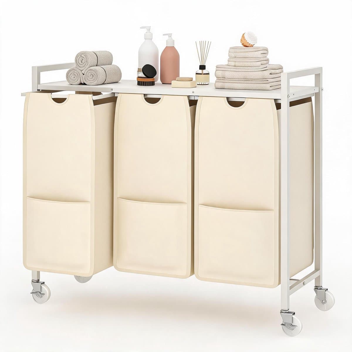 Wasmand met Wielen 3 Laden - Witte Verrijdbare Wasgoed Sorteerder voor Badkamer en Slaapkamer - Stijlvolle Vuilwasser Opbergkast - Thuis Organizer 84x30x77 cm — afbeelding 1