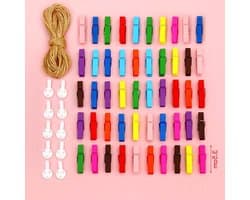 Houten knijpers - Mini klemmen - Decoratief ophangen - Met jute koord - 50 stuks - Kleurrijk assorti