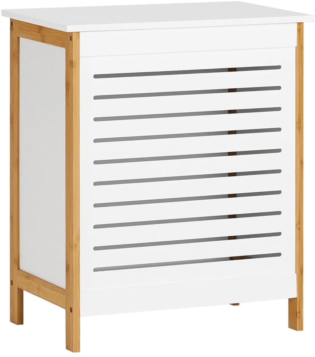 ITRONIQ Wasmand Met Deksel 90L - Bamboe Wasbox Met Uitneembare Waszak - Opbergmand Voor Wasgoed - Wit/Naturel 50x30x60 cm — afbeelding 1
