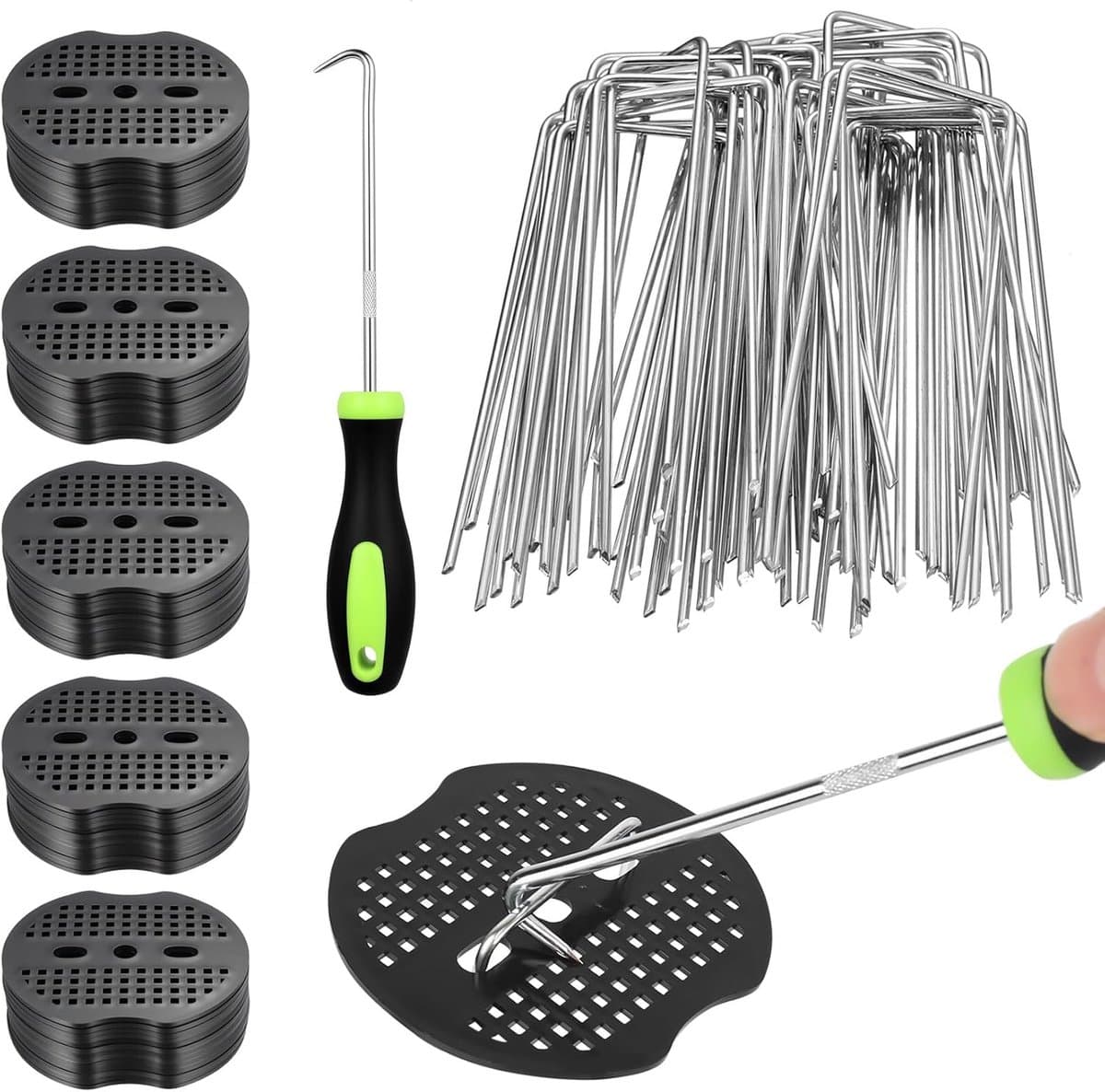 SnelShoppen - Pack van 50 Grondankers U-vormige Grondpennen voor Tuin, Kunstgras, Onkruiddoek, Mulch - Galvanized Staal, Inclusief 50 Ringen en 1 Pomp — afbeelding 1
