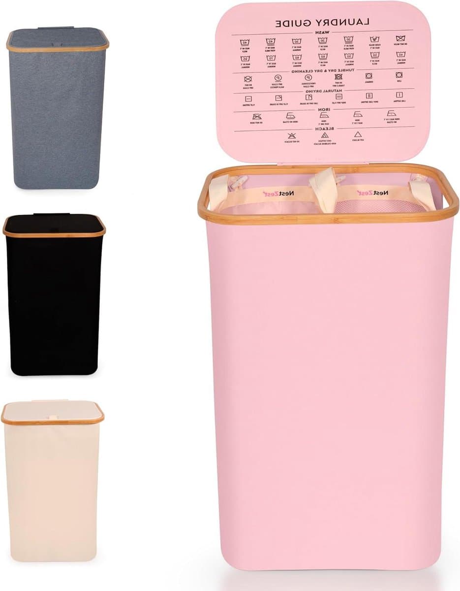 Wasmand met deksel - Kledingmand Sorteer - Kleding Sorteren - Dubbele Compartimenten - 100 Liter - Roze — afbeelding 1