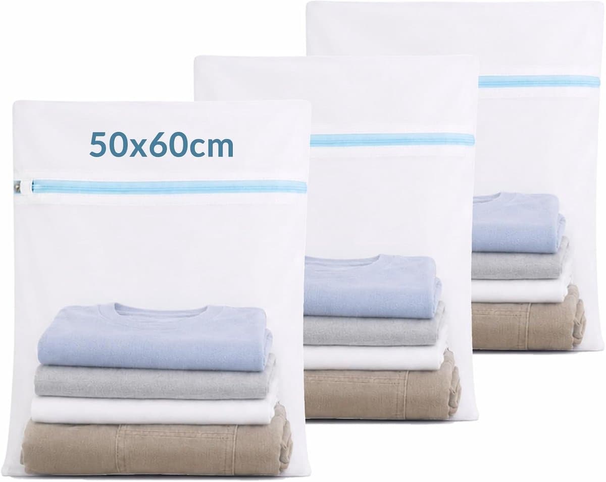 wasnet set van 3 stuks, groot 50x60cm fijnmazig | Fijnmazige waszakken van polyester met verborgen rits, voor mantels, beddengoed en jassen — afbeelding 1