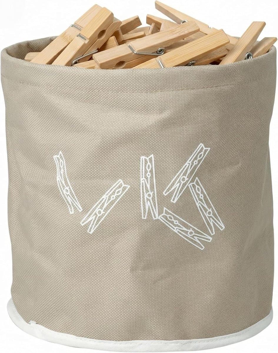 SnelShoppen - MIJOMA Wasknijpermand 18 x 17 cm – 24 bamboe clips – licht polyester stof in beige – voor balkon, badkamer en voorraadkast — afbeelding 1