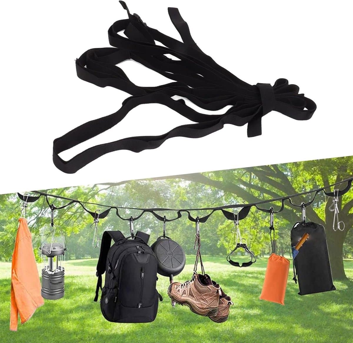 Reiswaslijn - Draagbare lijn - Kleding drogen - Intrekbaar en winddicht - Rekbaar - Zwart — afbeelding 1