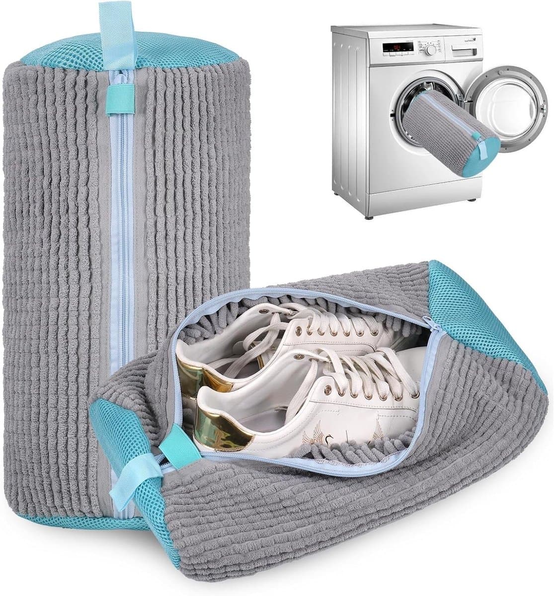 Waszak voor schoenen, herbruikbare waszak voor de wasmachine, ideaal voor sneakers en sportschoenen, 360° reiniging, grijs, set van 2 stuks — afbeelding 1