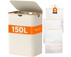 Dailygoody - Lifewit Wasmand - Grote wasmand met deksel - Beige - Kleding sorteren - 150 liter wasmand voor slaapkamer en badkamer