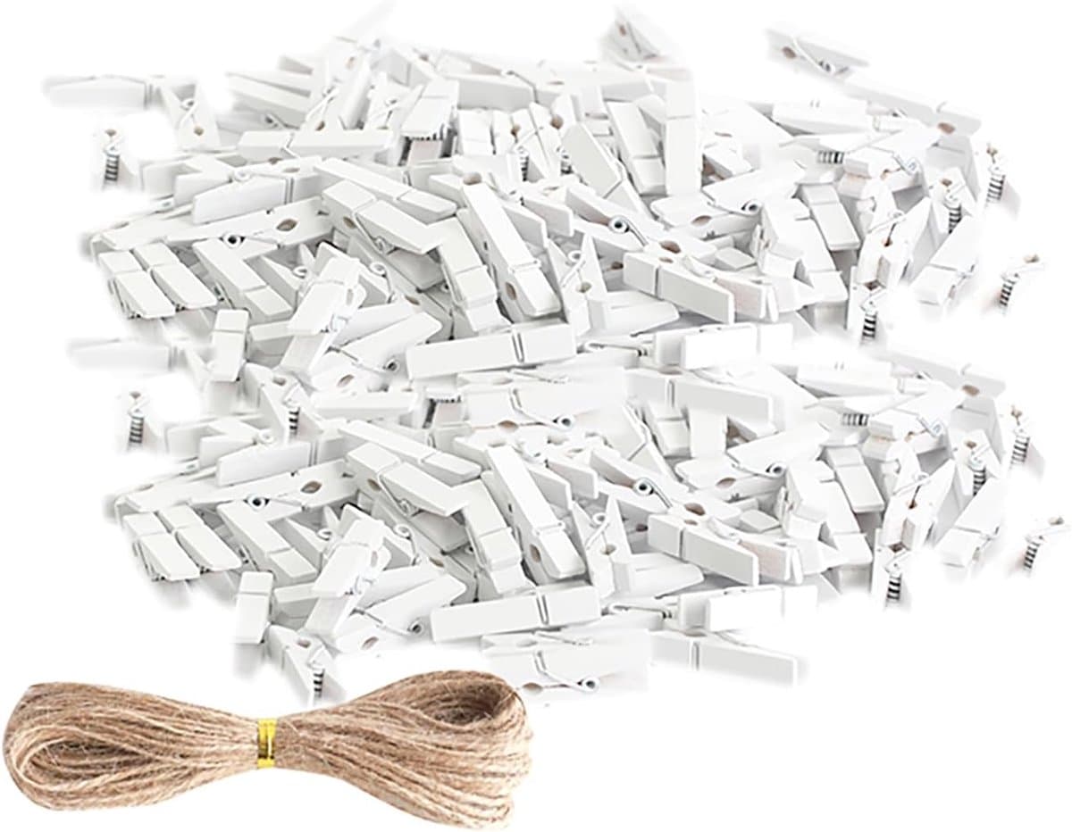 Houten Mini Klemmen - Kleine Knijpers - Foto's Ophangen - Inclusief Jute Touw - 100 Stuks - Wit — afbeelding 1