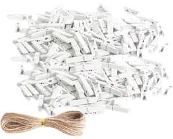 Houten Mini Klemmen - Kleine Knijpers - Foto's Ophangen - Inclusief Jute Touw - 100 Stuks - Wit