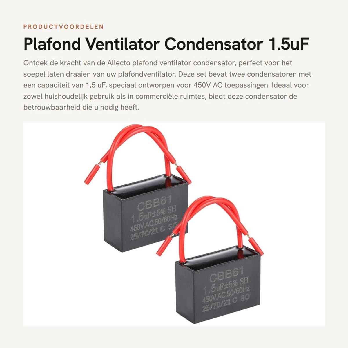 Dailygoods - Plafond Ventilator Condensator - 1.5uF Capaciteit - Voor 450V AC - CBB61 Type - Vervangbaar voor Diverse Series - 2 Stuks — afbeelding 1