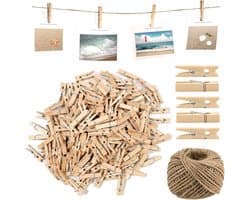 Houten knijpers - Mini wasknijpers - Decoratie ophangen - Natuurlijk hout - 200 stuks - Naturel