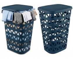 Curver Wasmand met deksel - 2x - ventilatiegaatjes - blauw - kunststof - 55 ltr - 42 x 34 x 60 cm