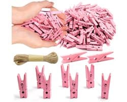 100 Mini Houten Knijpers met Jute Touw - Fotoklemmen en Decoratie Clips