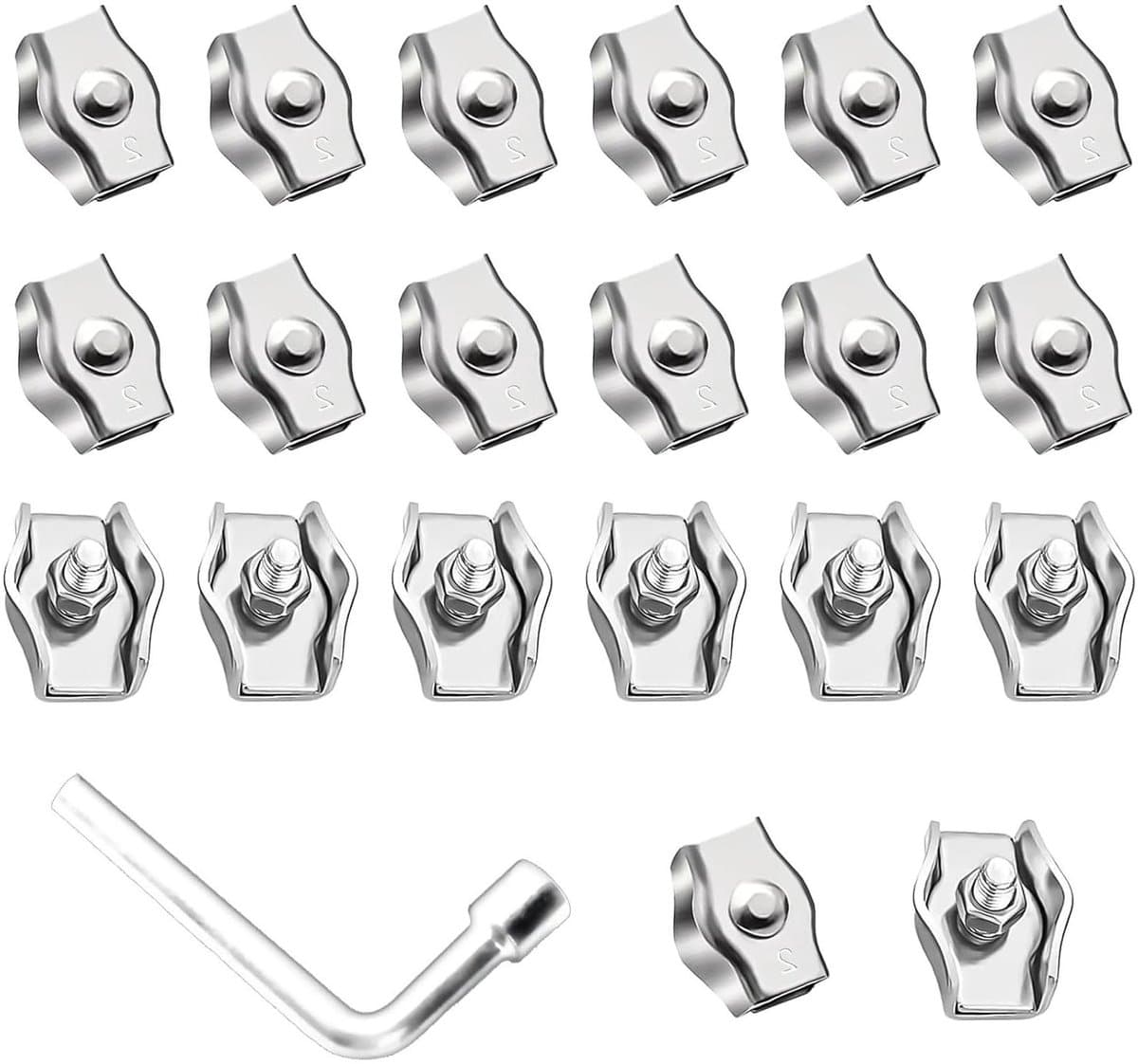 Kabelklemmen set met 20 stuks M2 kabelklemmen in roestvrij staal 304 - Geschikt voor draadkabel van 3mm - Ideaal voor waslijn, luifel en meer - Inclusief 7mm sleutel — afbeelding 1