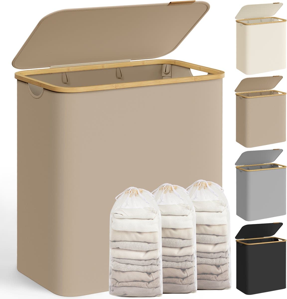 SONGMICS - Wasmand - Wasbox met 3 Vakken - Opvouwbare Wasmand - Met Bamboe Handgrepen en Uitneembare Zak — afbeelding 1
