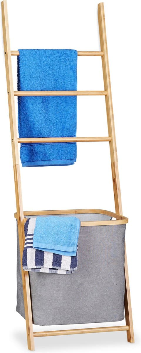 handdoekhouder bamboe - 3 stangen - met wasmand - 139 x 43,5 x 33 cm - badkamer — afbeelding 1
