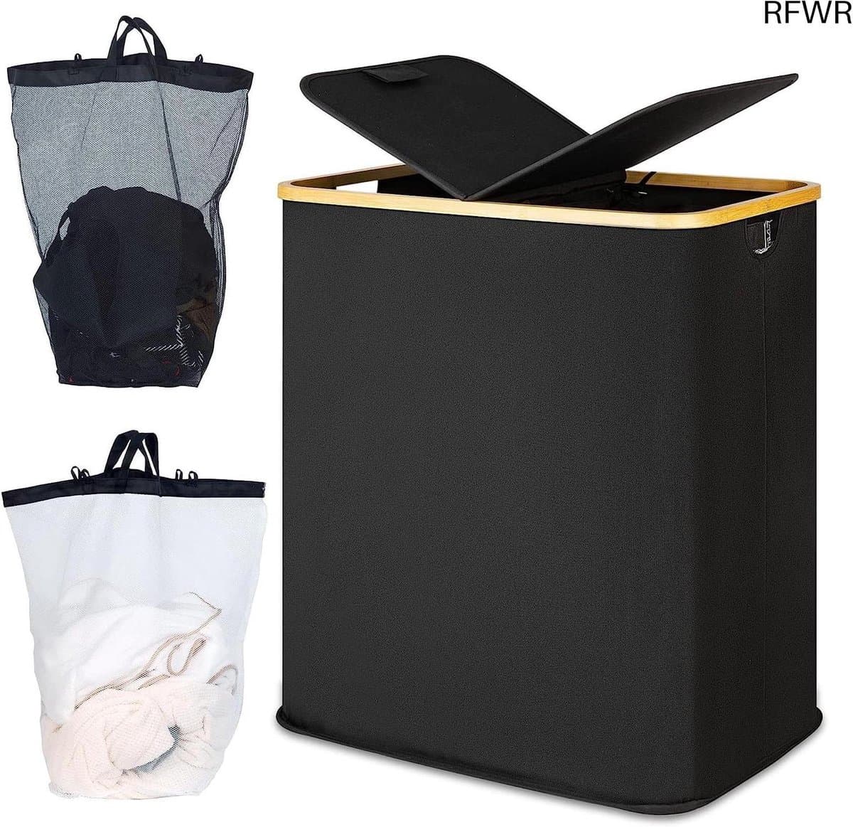 RFWR® Dubbele wasmand 140 l met deksel en 2 vakken - Grote wasverzamelaar voor het gehele gezin — afbeelding 1