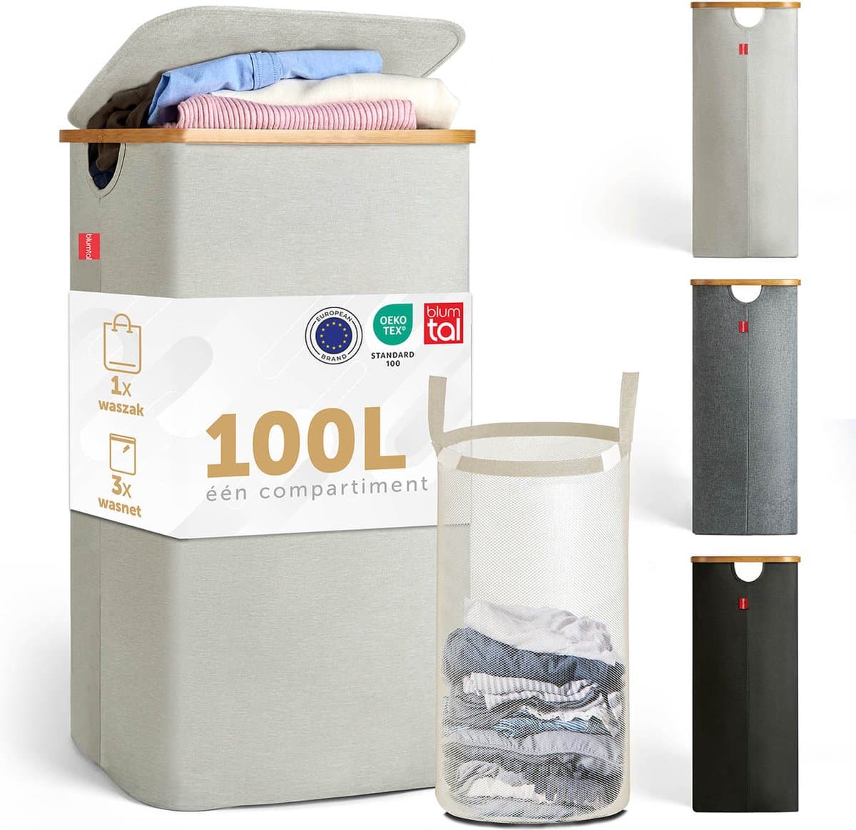 Blumtal Wasmand 100L - Wasmand met uitneembare waszak - Smalle wasmand - Flesverzamelaar - Wasmand met deksel - Beige — afbeelding 1