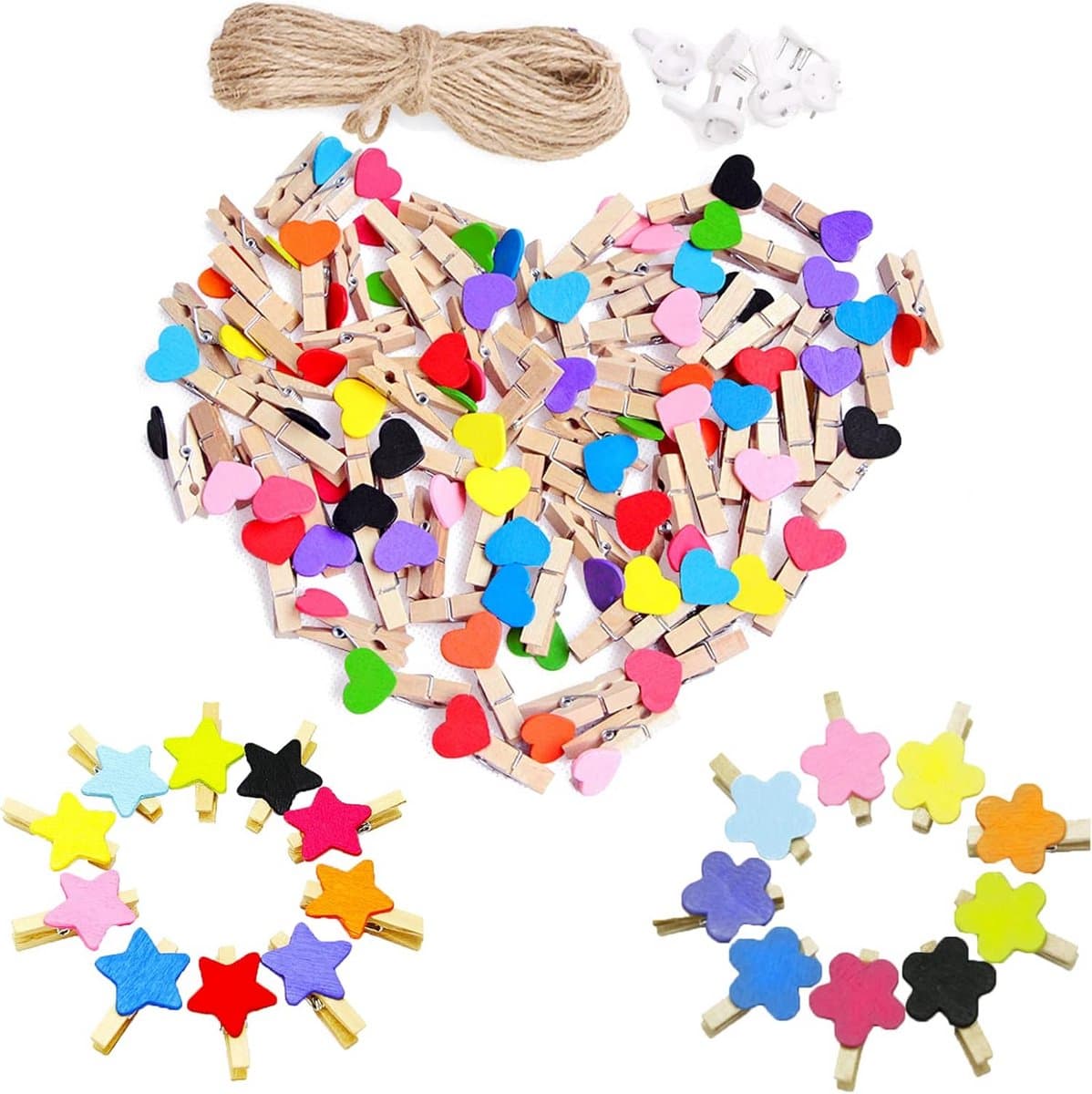 150 Stuks Mini Houten Klemmetjes (Hart, Ster, Bloem) met Jute Touw - Decoratie Clips voor Foto's en Kaarten — afbeelding 1