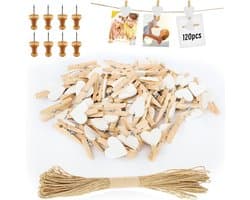 Mini-wasknijpers - decoratie - polaroid - bruiloft - houten knijpers - doe-het-zelf - fotowand - display - feest - wit - 120 stuks met hartjes design, inclusief 10 m jute koord voor foto's.