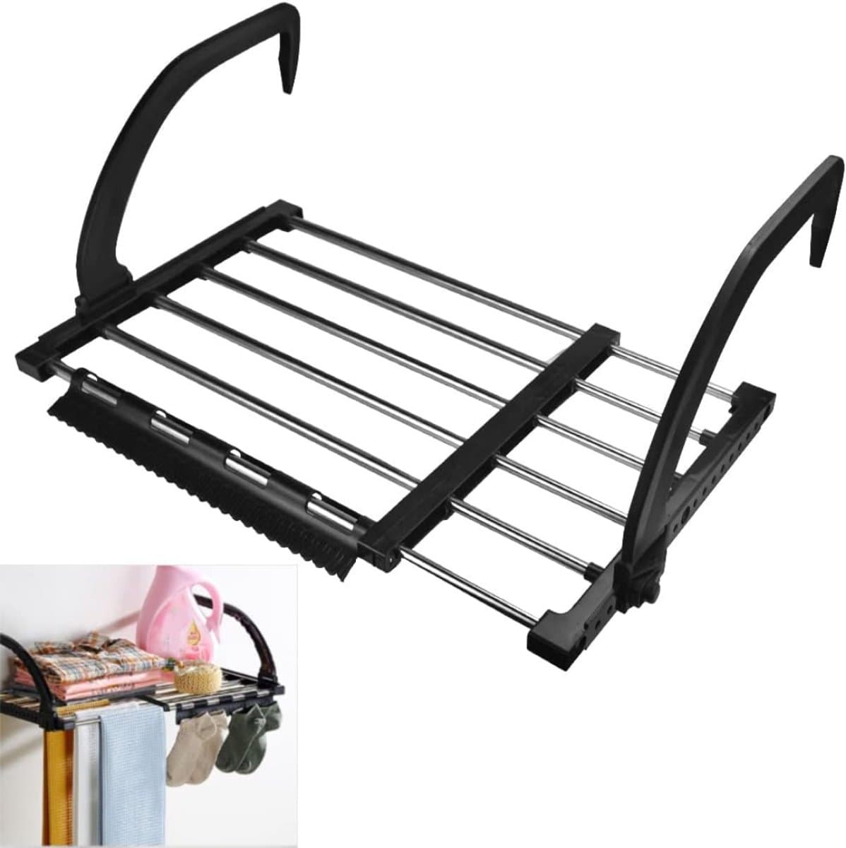 ZRSS® Wasrek Hangend Trapgat - Droogrek Ophangbaar - Voor Radiator, Deur, Balkon - Uittrekbaar - 42-73 cm - Roestvrij Staal — afbeelding 1