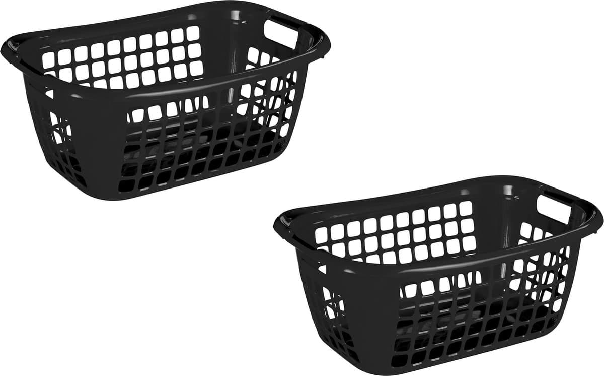2x stuks zwarte wasmanden/wasgoedmanden met handgrepen 55 cm - Draagwasmanden - Wasgoedmand - Mand met handgrepen — afbeelding 1
