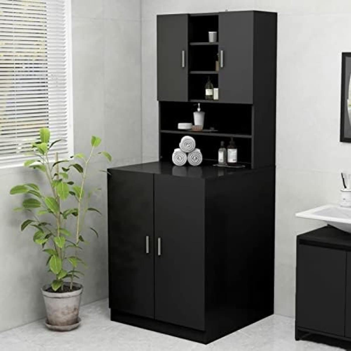 Wasmachinekast - Opbergkast Badkamer - Badkamer Organiseren - Veel Opbergruimte - 70.5 x 25.5 x 90 cm - Zwart — afbeelding 1