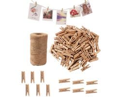JeiibrZui Jute Koord 100 M - Houten Wasknijpers - Fototouw Met Clips Voor DIY Decoratie - 10 Stuk - Natuurlijke Kleuren — afbeelding 1