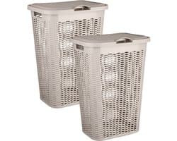 Plasticforte Wasmand Ventilation - 2x - met deksel - beige - kunststof - 51 liter - 43 x 35 x 61 cm - Badkamer - Wasgoed - Nieuw design - Zeer stevig