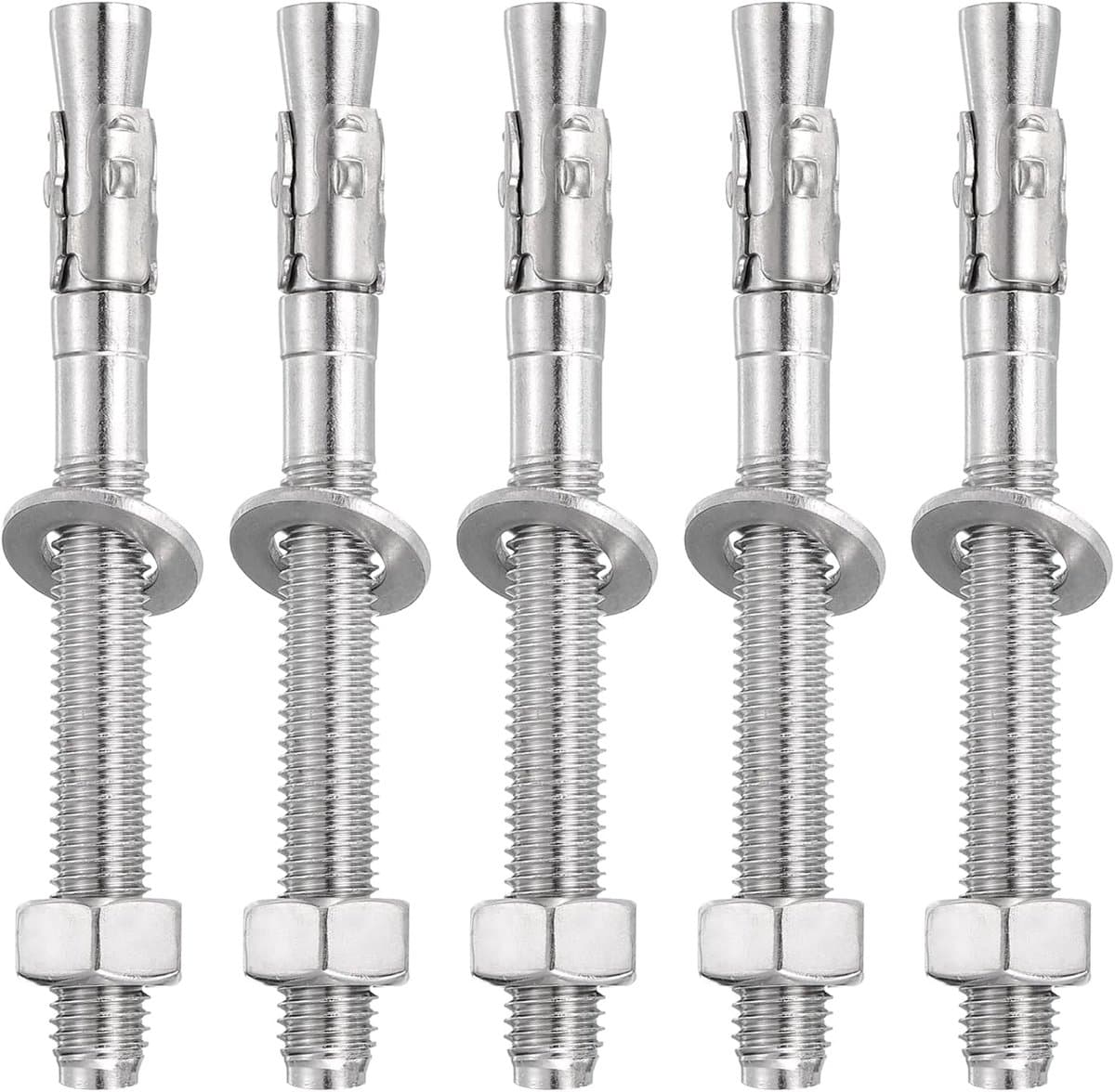 5 stuks expansieankers, 1/2 inch x 5 inch roestvrijstalen ankerbouten voor beton, robuuste standaard bevestiging voor muurbevestiging van cement (inclusief sluitringen, zilverkleurig) — afbeelding 1