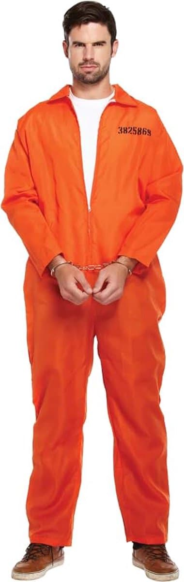Oranje gevangenis jumpsuit voor volwassenen en heren, verkleedkostuum, veroordeelde ketelpak, gevangenenenoverall, gevangenisspringpak, verkleedoutfit, twee maten herenkostuum — afbeelding 1