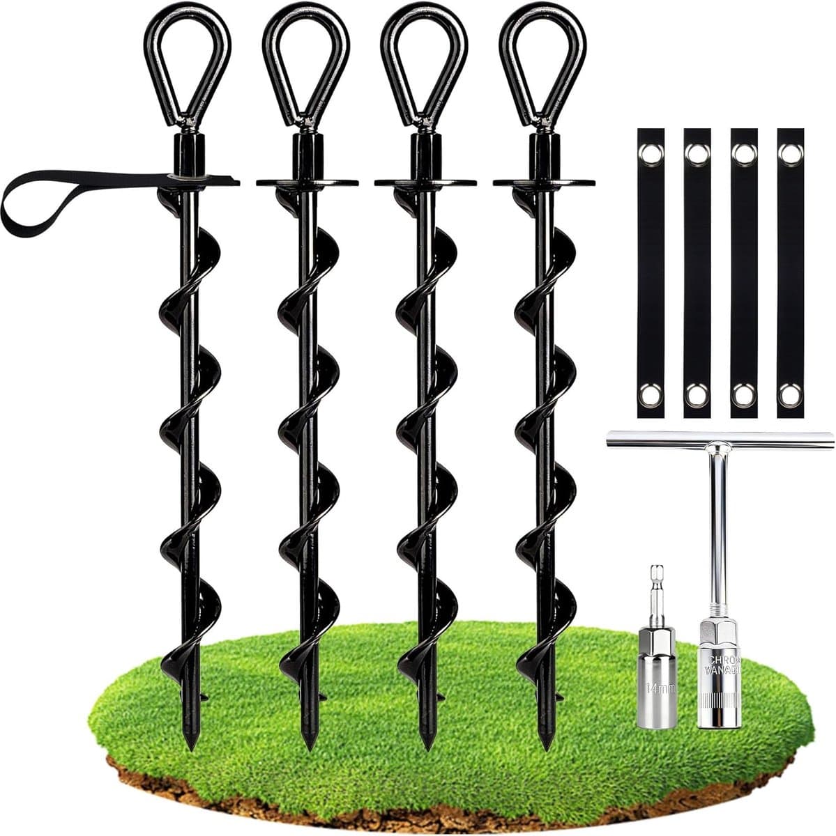 SnelShoppen - Sterke Heavy Duty Grondanker Set van 4, Volledige Schroef Grondankers met Verstelbare Riemen voor Tuin, Camping en Feesten — afbeelding 1