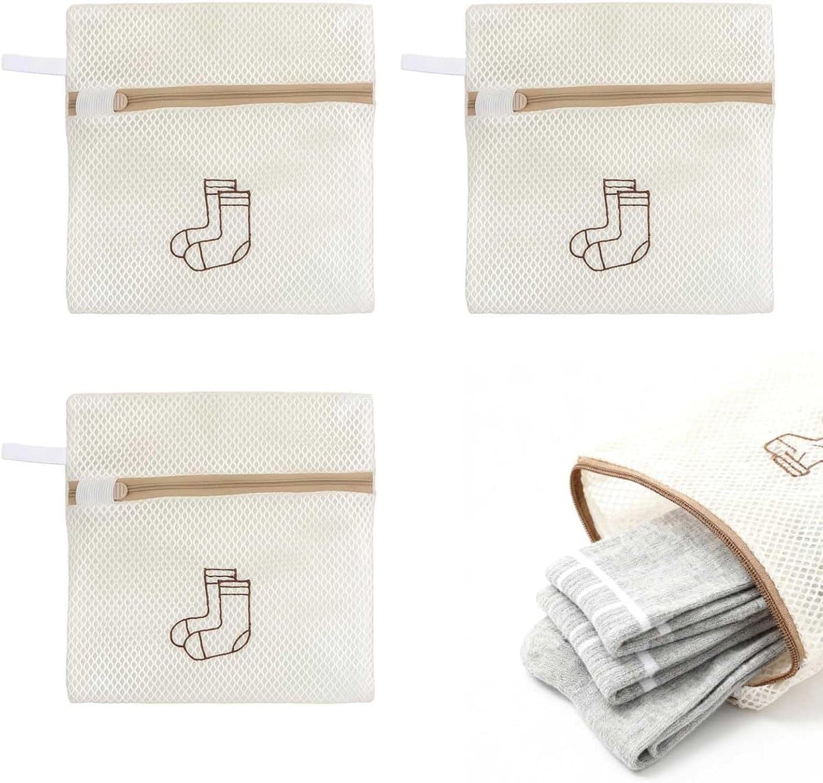 waszakken voor sokken 3 stuks – net mesh waszakken met rits – fijnwas zakken voor wasmachine – wit – beschermt sokken en delicate kleding tijdens het wassen — afbeelding 1