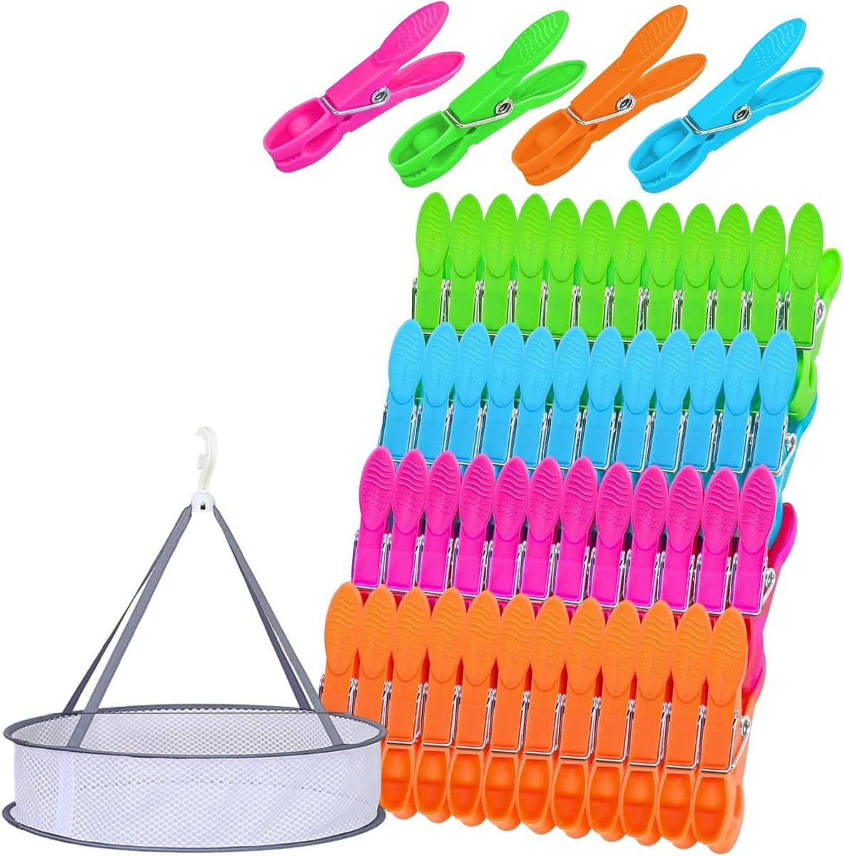Wasknijpers Set - Kledingklemmen Clips - Kleding Drogen - Met Mand - 7.3 x 1.4 cm - Rood Groen Blauw Roze — afbeelding 1