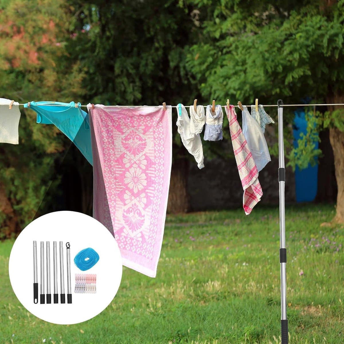Kampeerwaslijn Set - Waslijn met Clips - Buiten Drogen - Afneembare Steunpaal - 10 meter - Meerkleurig — afbeelding 1