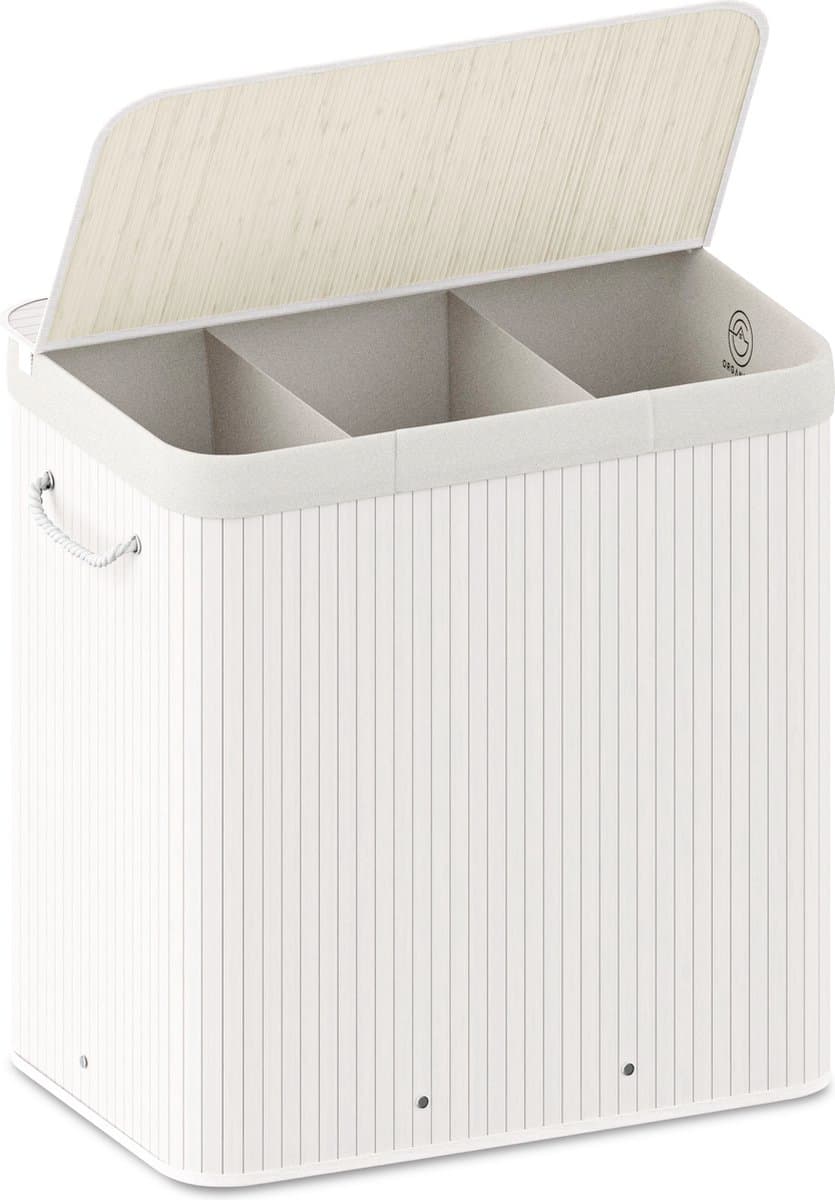 Organess wasmand 3 vakken - Wassorteerder - Wasmand met deksel - Opvouwbaar - 150L - Witte bamboe — afbeelding 1
