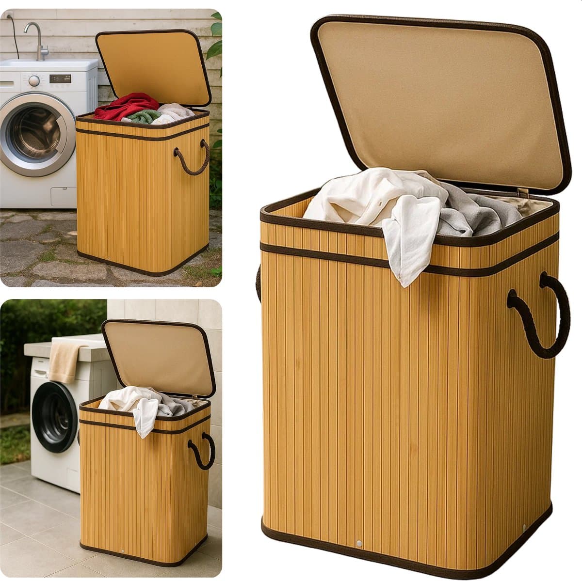 Cheqo® Bamboe Wasmand - Wasmand met Deksel - Uitneembare Wasbare Binnenzak - 72 Liter - Natuurlijk Bruin - Klapdeksel - Wasmand 1 Vak — afbeelding 1