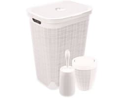 Set 'Hessian' - Wasmand 60 liter - Toiletborstel doseersysteem - Prullenbak swingdeksel - Crème